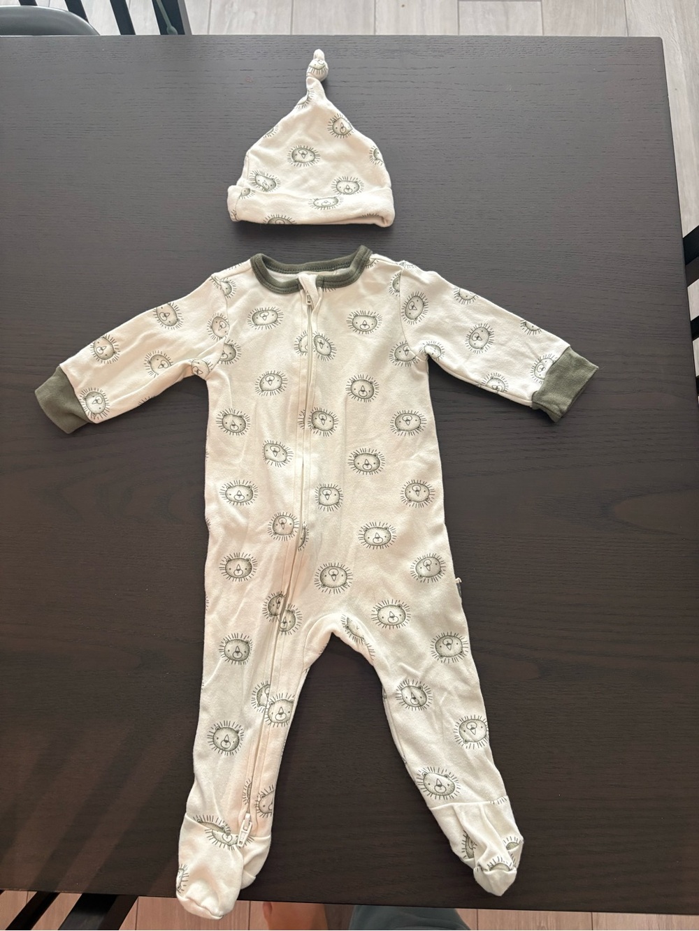 Cream Sun Print Footed One-Piece with Olive Trim and Matching Hat